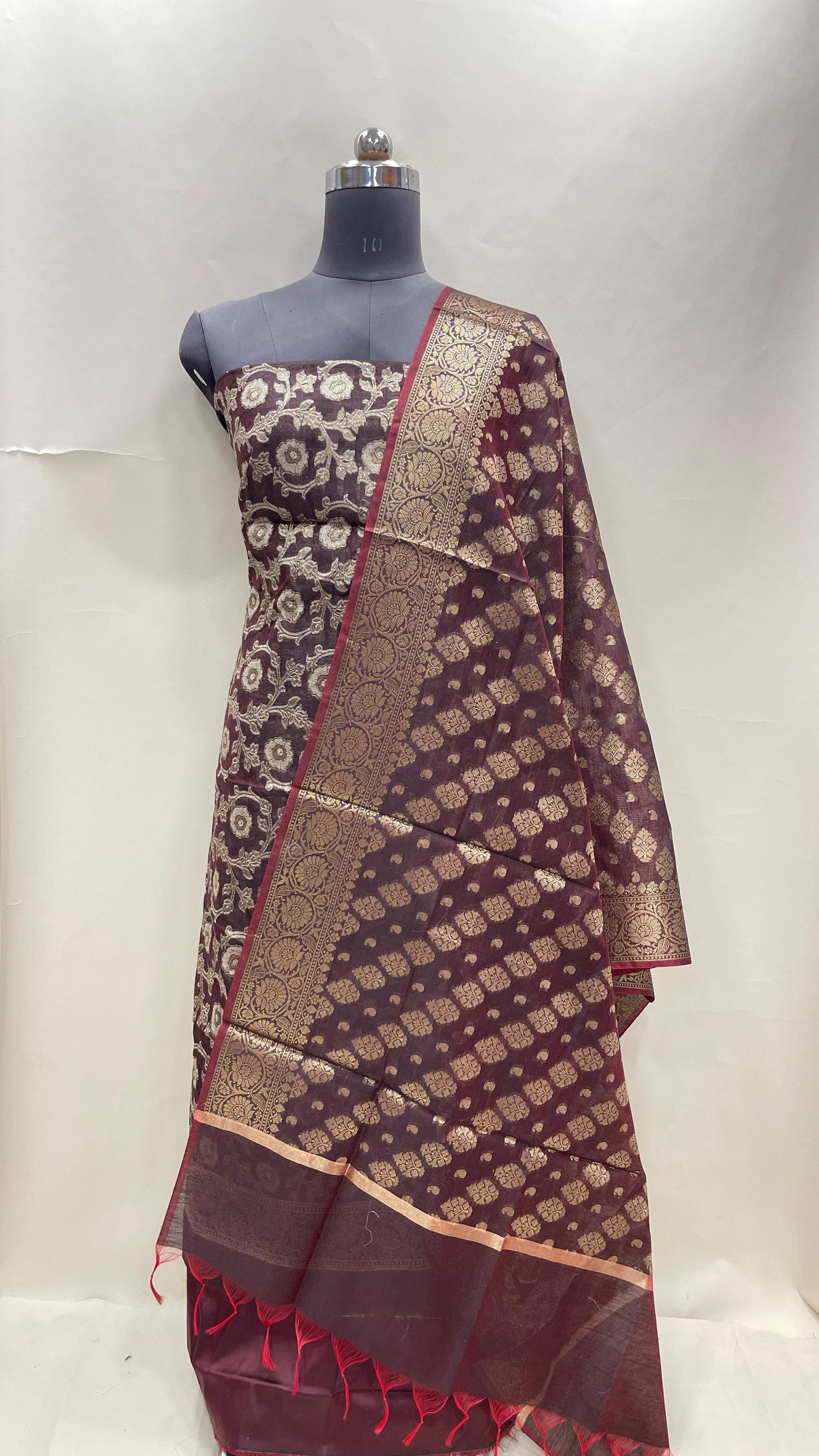 Burgundy cotton suit set with zari resham mina jaal and matching dupatta. SHL_28