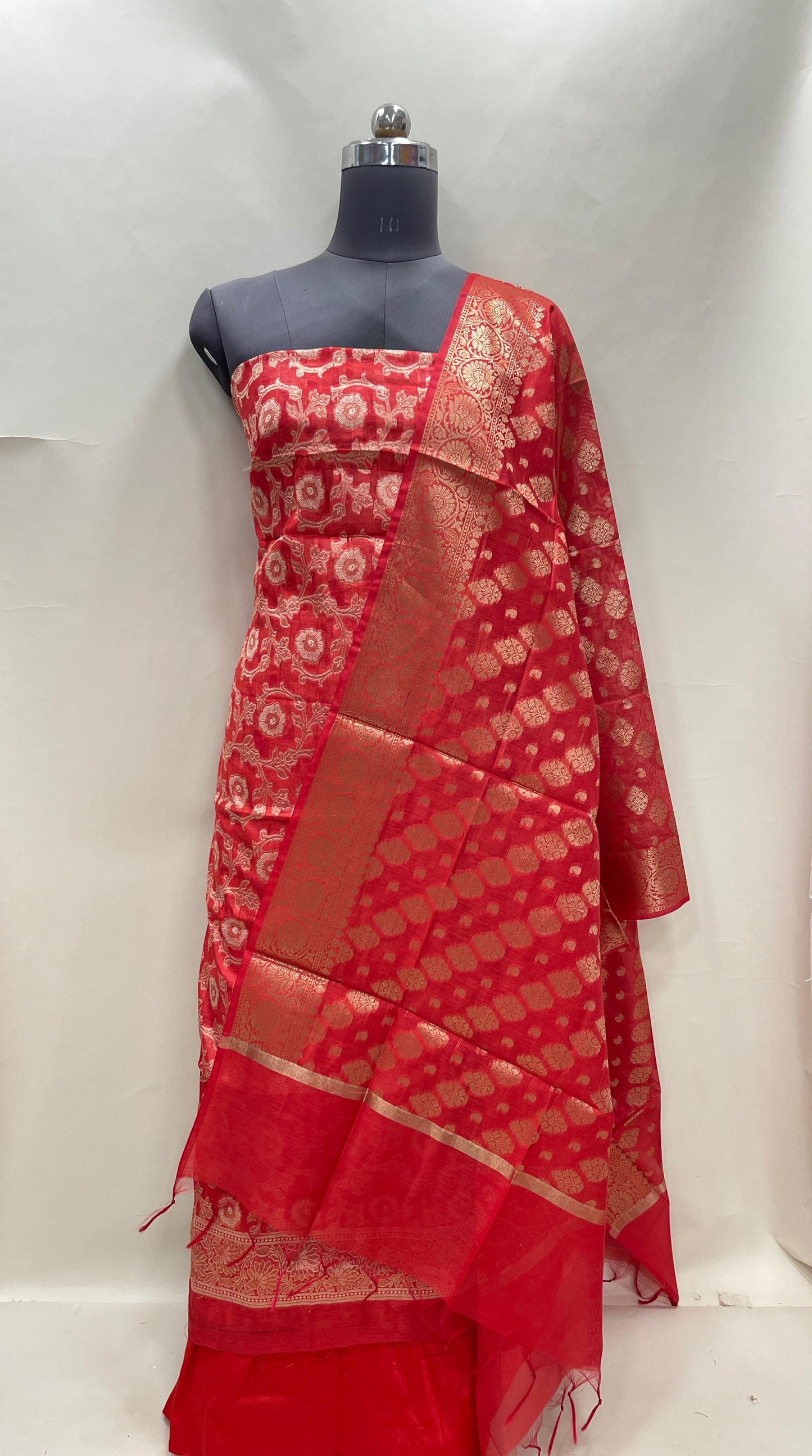 Red cotton suit set featuring zari resham mina jaal and matching dupatta. SHL_30