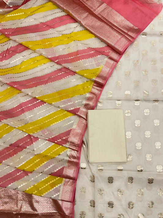 Ivory White Pure Cotton Handbrush Dupatta Banarasi 3 pcs Suit Set IM_PCHBK3