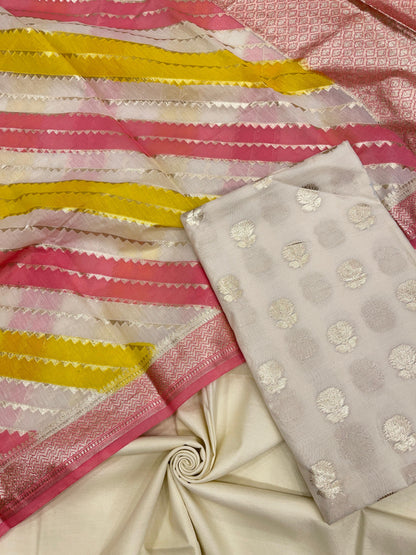 Ivory White Pure Cotton Handbrush Dupatta Banarasi 3 pcs Suit Set IM_PCHBK3