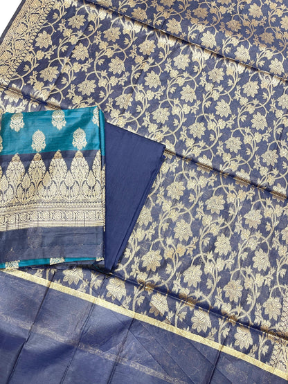 Sea Green Cotton Banarasi 3 pcs Suit Set with Contrast Navy Blue Dupatta IM_CS6