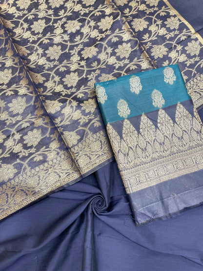 Sea Green Cotton Banarasi 3 pcs Suit Set with Contrast Navy Blue Dupatta IM_CS6