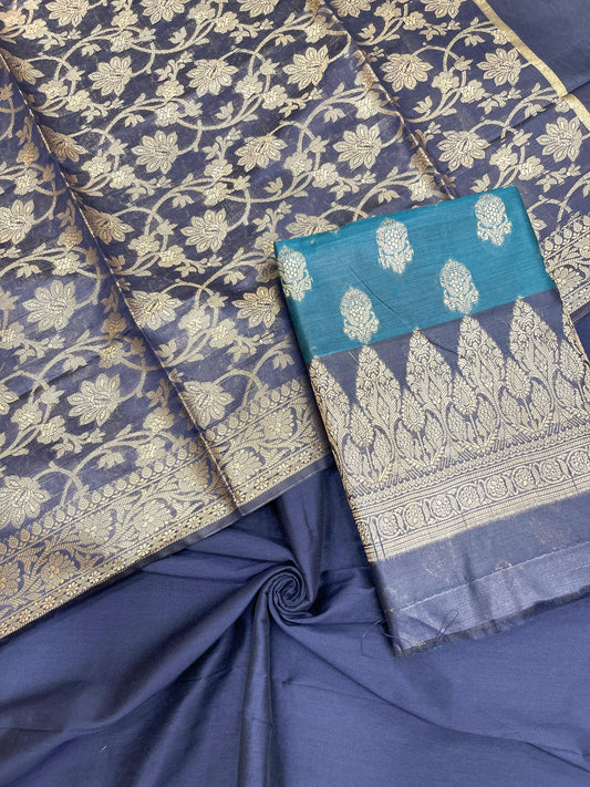 Sea Green Cotton Banarasi 3 pcs Suit Set with Contrast Navy Blue Dupatta IM_CS6