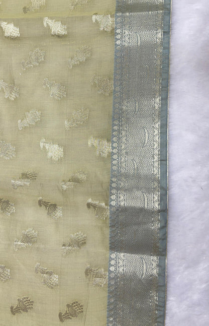 Mehndi Green Cotton Floral Water Zari Booti Banarasi Saree JVC_13