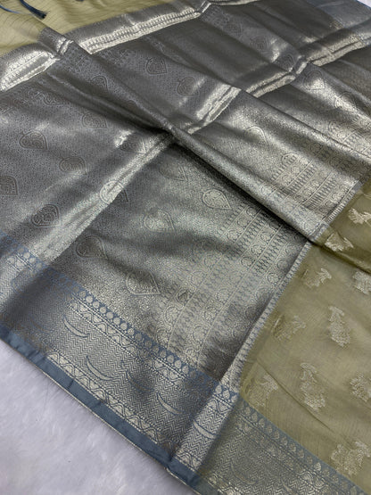 Mehndi Green Cotton Floral Water Zari Booti Banarasi Saree JVC_13