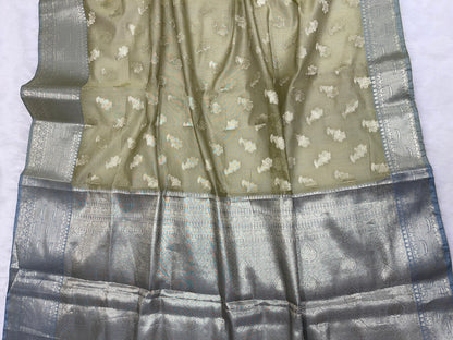 Mehndi Green Cotton Floral Water Zari Booti Banarasi Saree JVC_13