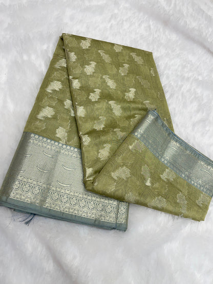 Mehndi Green Cotton Floral Water Zari Booti Banarasi Saree JVC_13