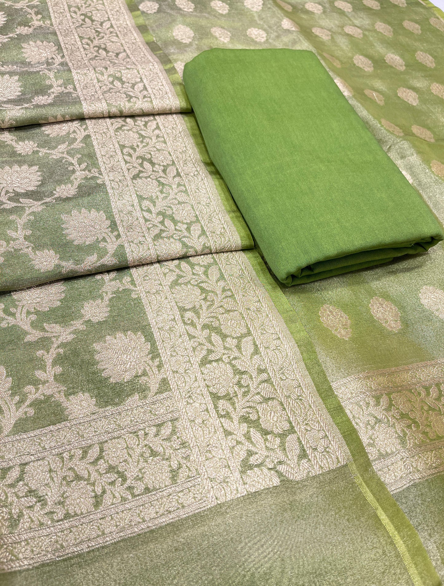 Puresilk Handloom Green Tissue Silk Banarasi 3 pcs Suit Set RHN_TSU11