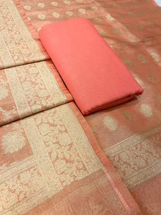 Puresilk Handloom Peach Pink Tissue Silk Banarasi 3 pcs Suit Set RHN_TSU8