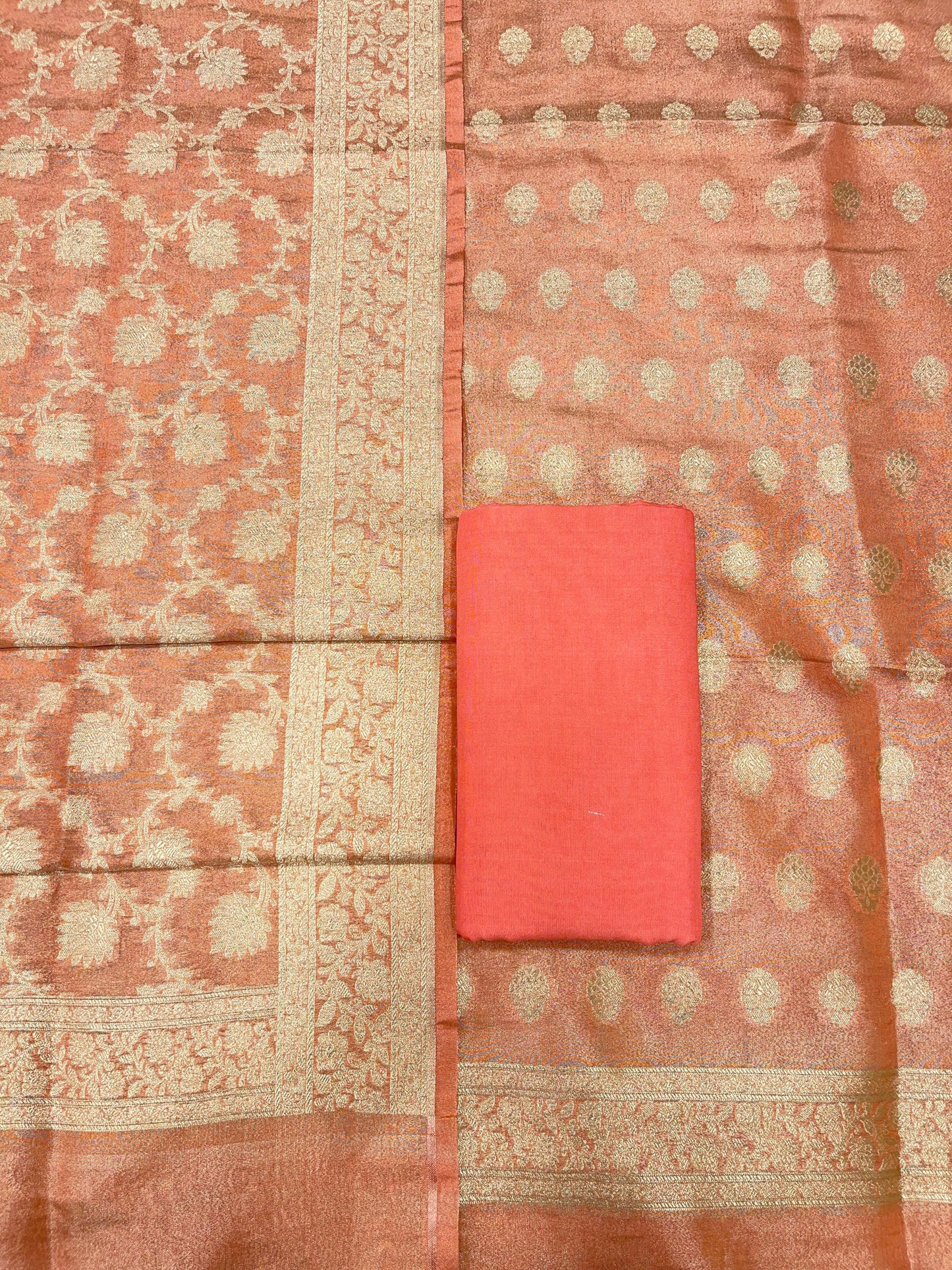 Puresilk Handloom Peach Pink Tissue Silk Banarasi 3 pcs Suit Set RHN_TSU8