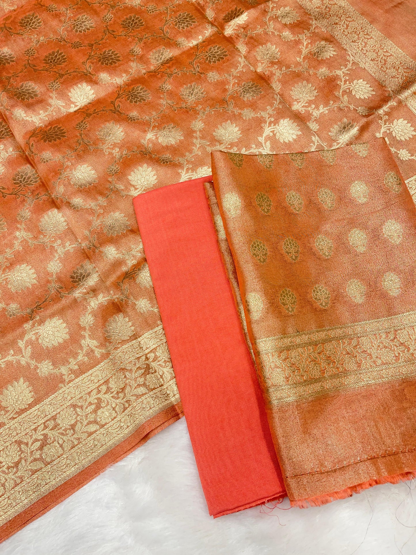 Puresilk Handloom Peach Pink Tissue Silk Banarasi 3 pcs Suit Set RHN_TSU8