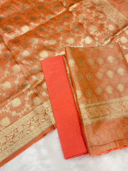 Puresilk Handloom Peach Pink Tissue Silk Banarasi 3 pcs Suit Set RHN_TSU8