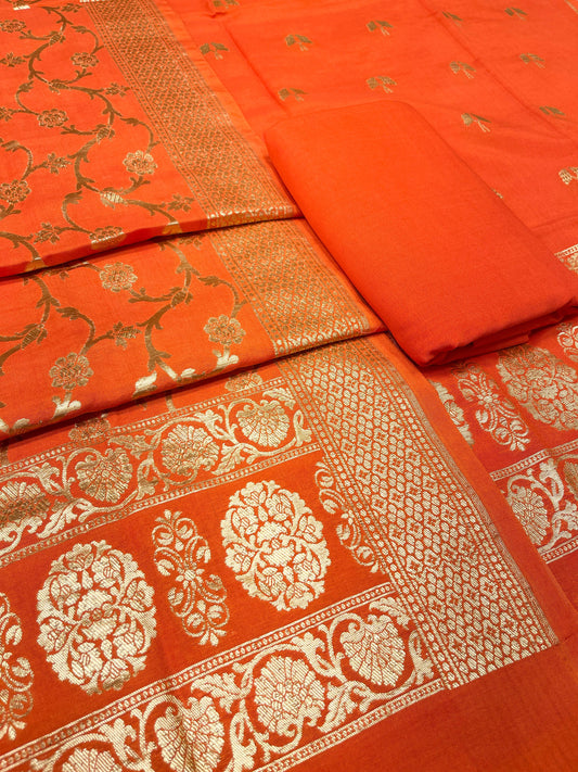 Puresilk Handloom Orange Cotton Banarasi 3 pcs Suit Set RHN_CTN3
