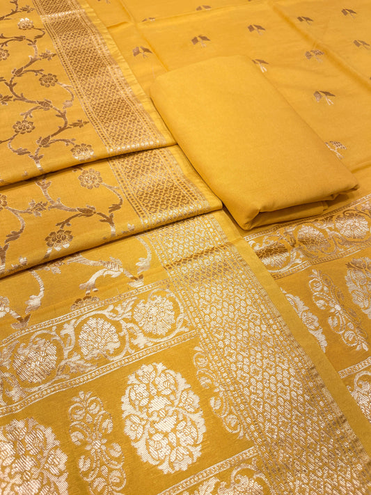 Puresilk Handloom Mustard Yellow Cotton Banarasi 3 pcs Suit Set RHN_CTN1