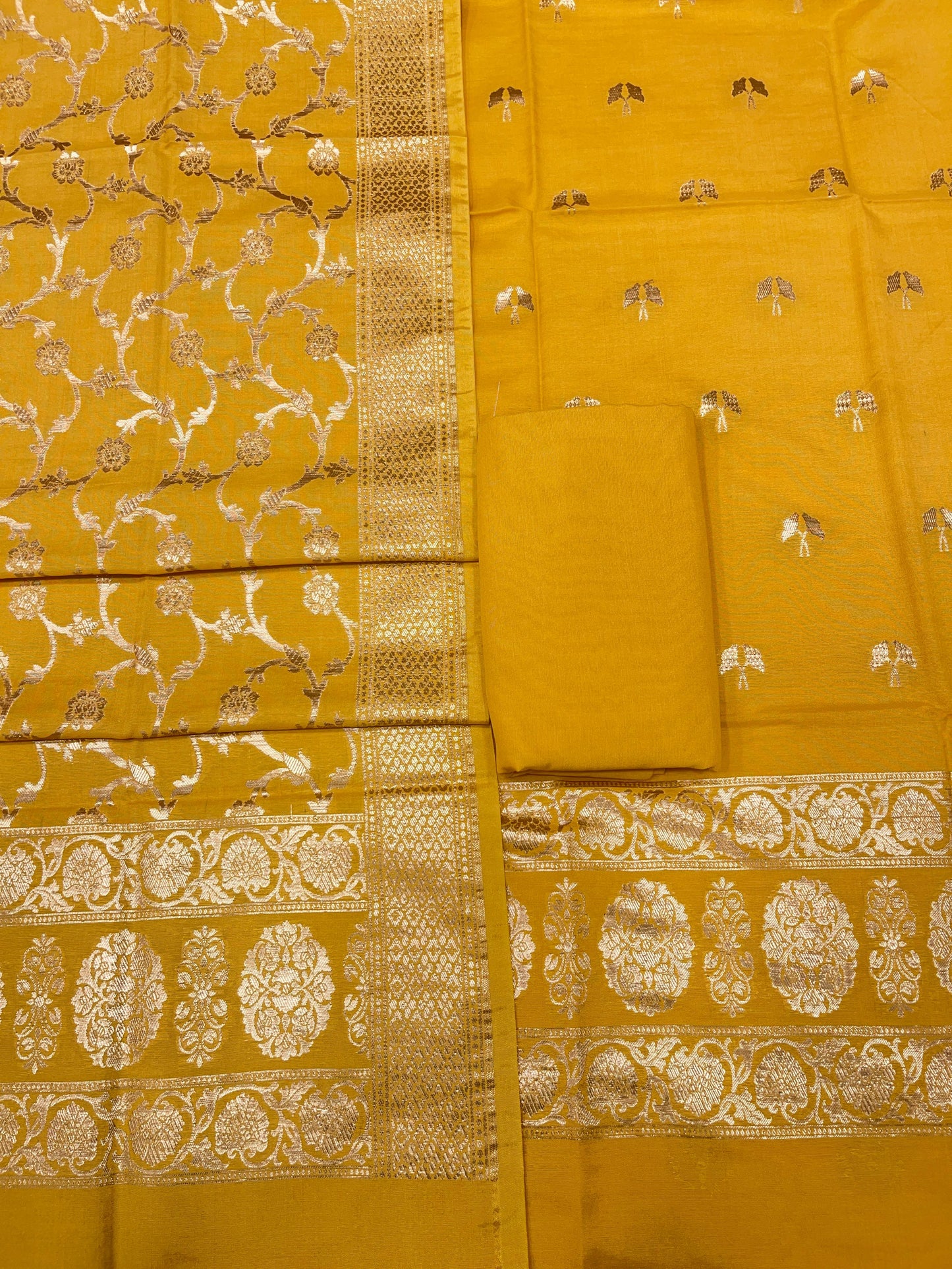 Puresilk Handloom Mustard Yellow Cotton Banarasi 3 pcs Suit Set RHN_CTN1
