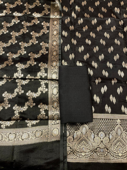 Puresilk Handloom Black Viscose Silk Banarasi 3 pcs Suit Set RHN_VS4