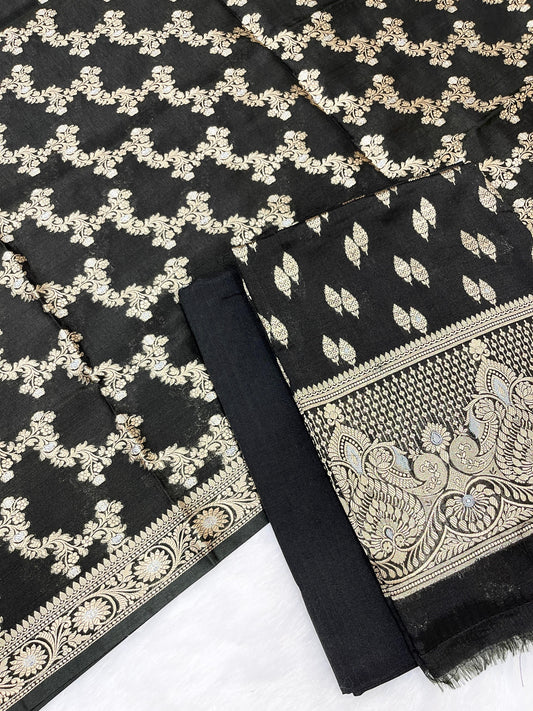 Puresilk Handloom Black Viscose Silk Banarasi 3 pcs Suit Set RHN_VS4