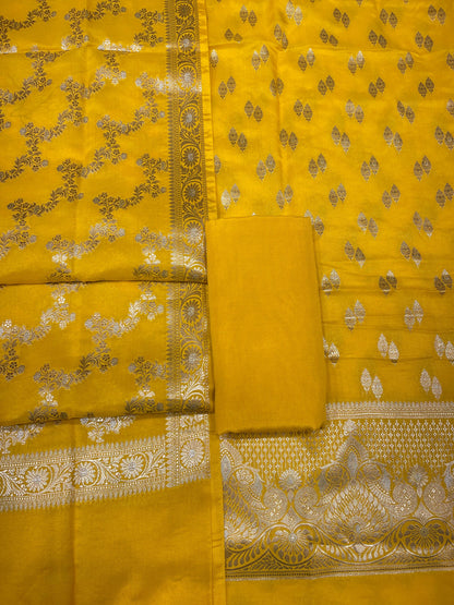 Puresilk Handloom Yellow Viscose Silk Banarasi 3 pcs Suit Set RHN_VS3