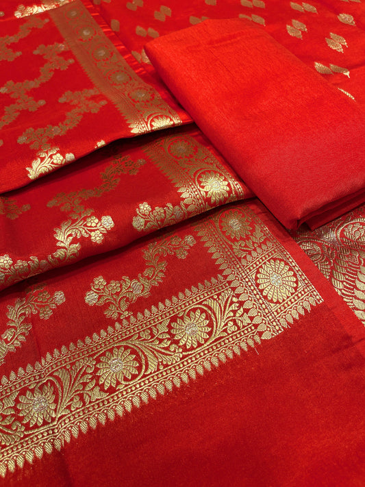 Puresilk Handloom Red Viscose Silk Banarasi 3 pcs Suit Set RHN_VS2