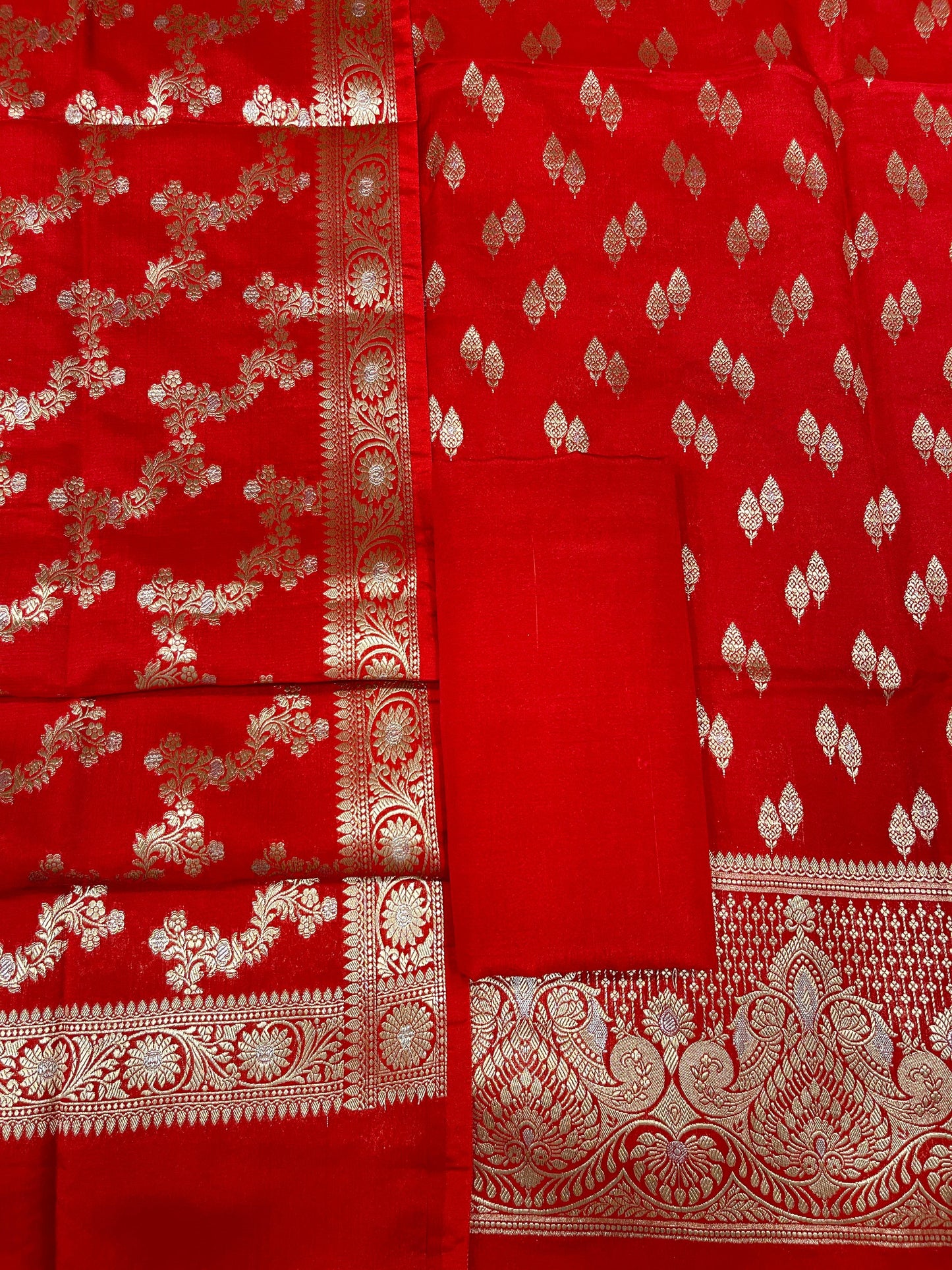 Puresilk Handloom Red Viscose Silk Banarasi 3 pcs Suit Set RHN_VS2