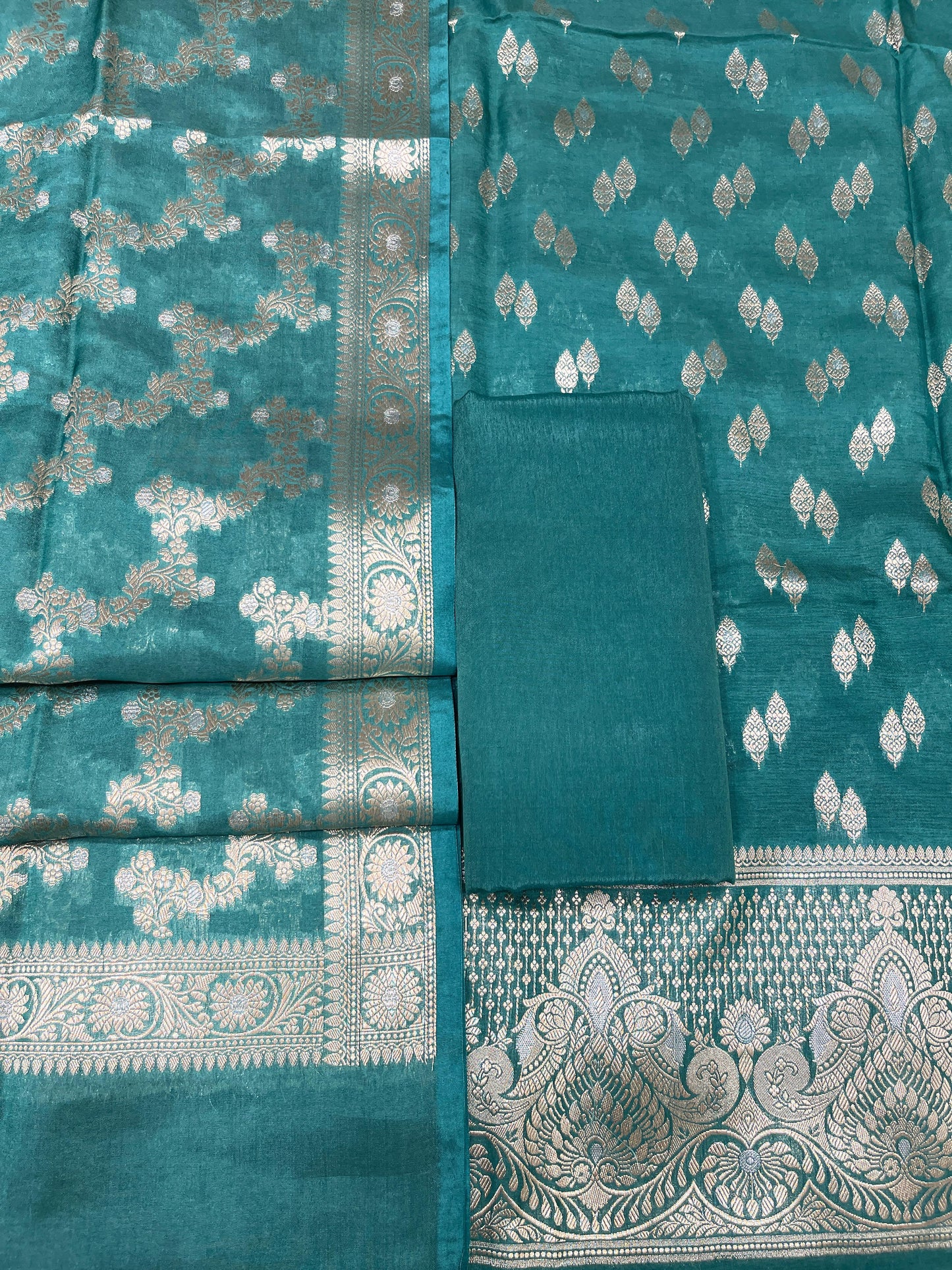 Puresilk Handloom Seagreen Viscose Silk Banarasi 3 pcs Suit Set RHN_VS5