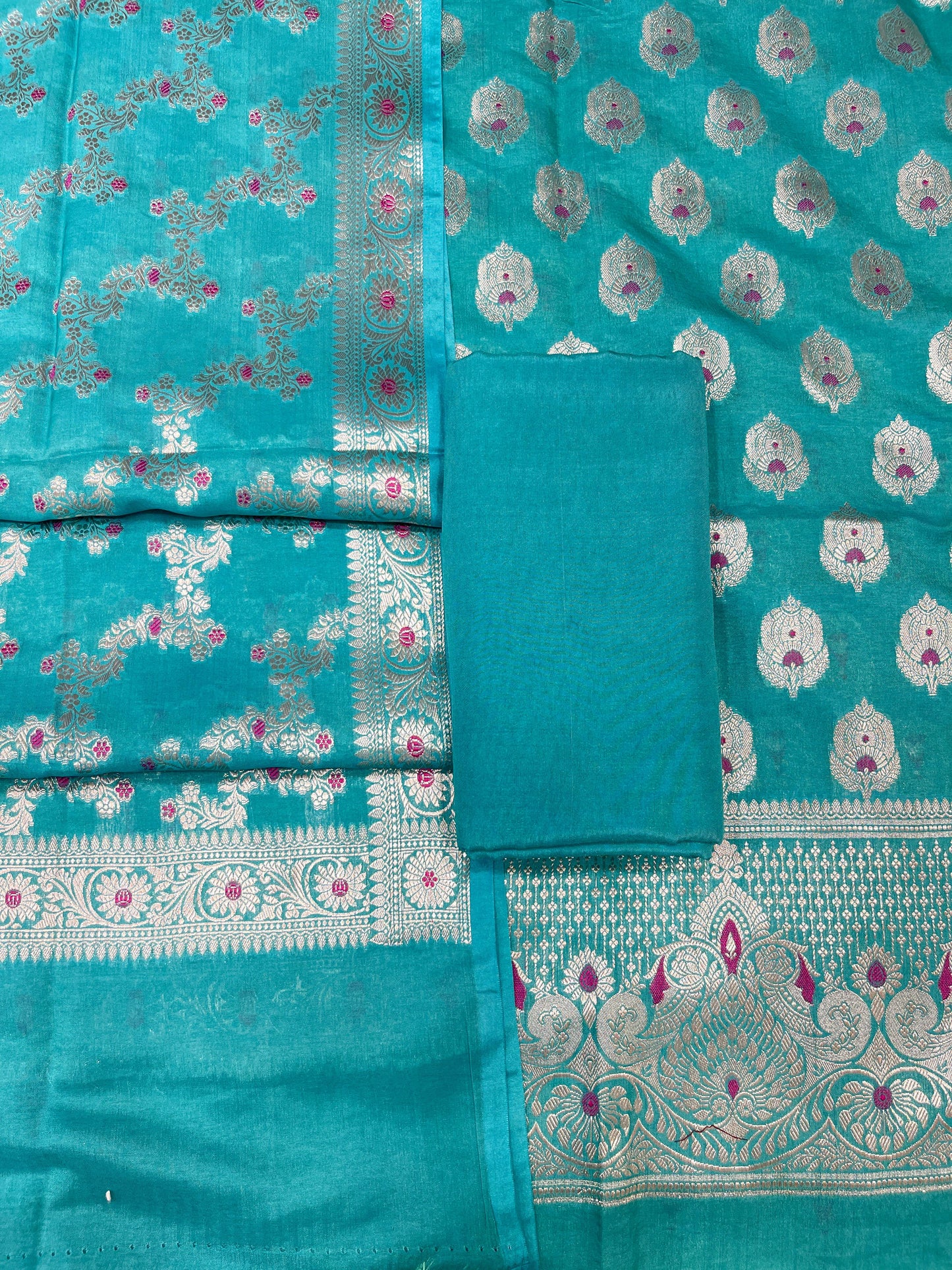Puresilk Handloom Sea Green Viscose Silk Banarasi 3 pcs Suit Set RHN_VS7