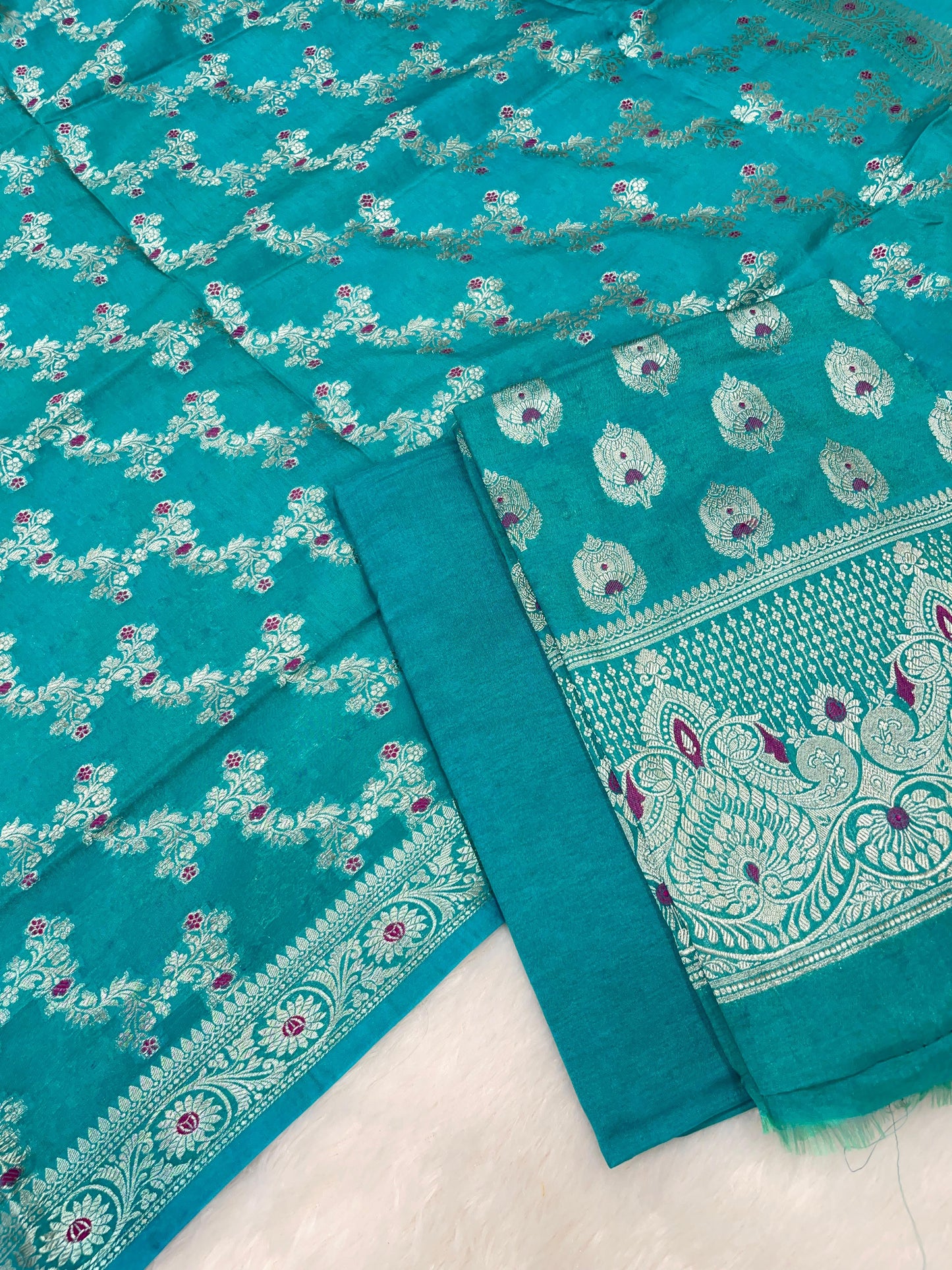 Puresilk Handloom Sea Green Viscose Silk Banarasi 3 pcs Suit Set RHN_VS7
