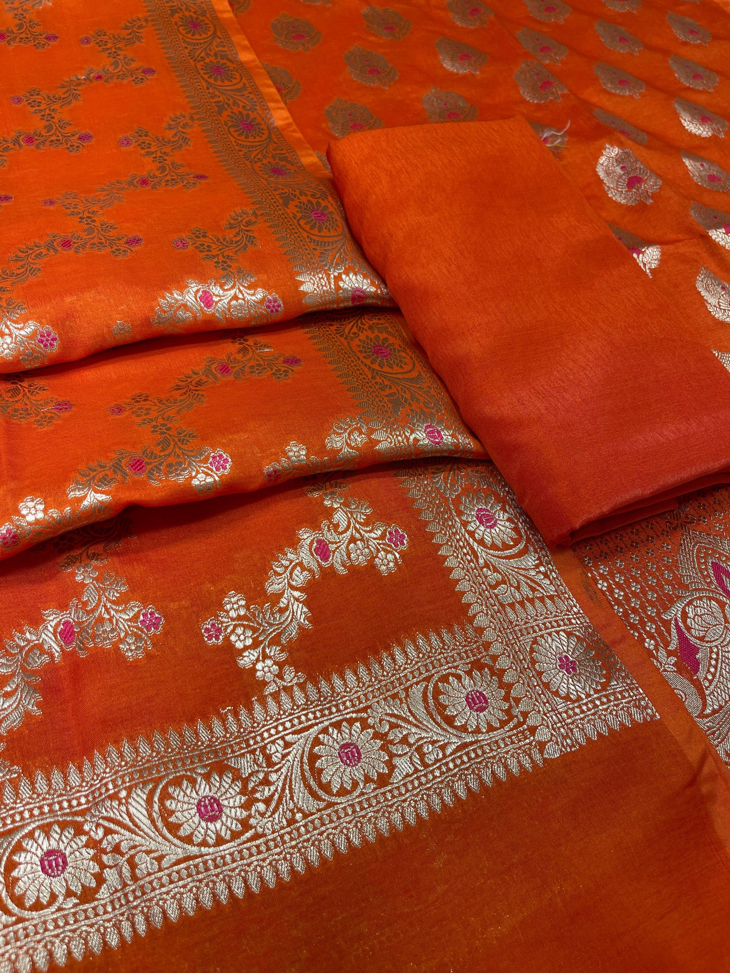 Puresilk Handloom Orange Viscose Silk Banarasi 3 pcs Suit Set RHN_VS6