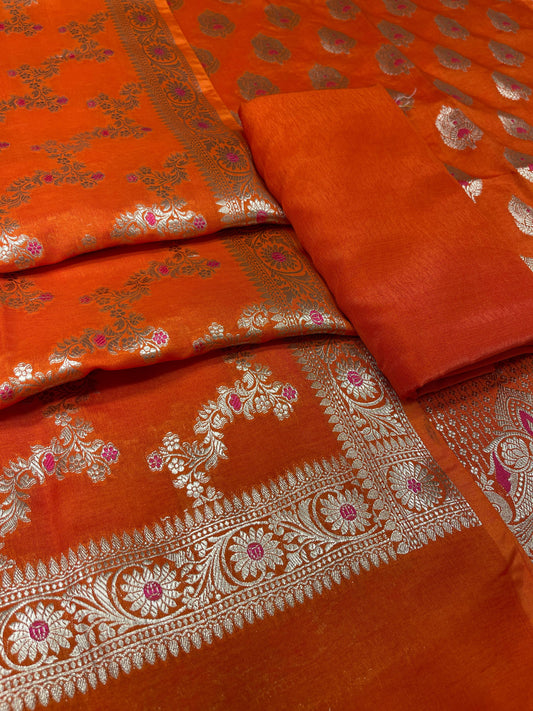 Puresilk Handloom Orange Viscose Silk Banarasi 3 pcs Suit Set RHN_VS6