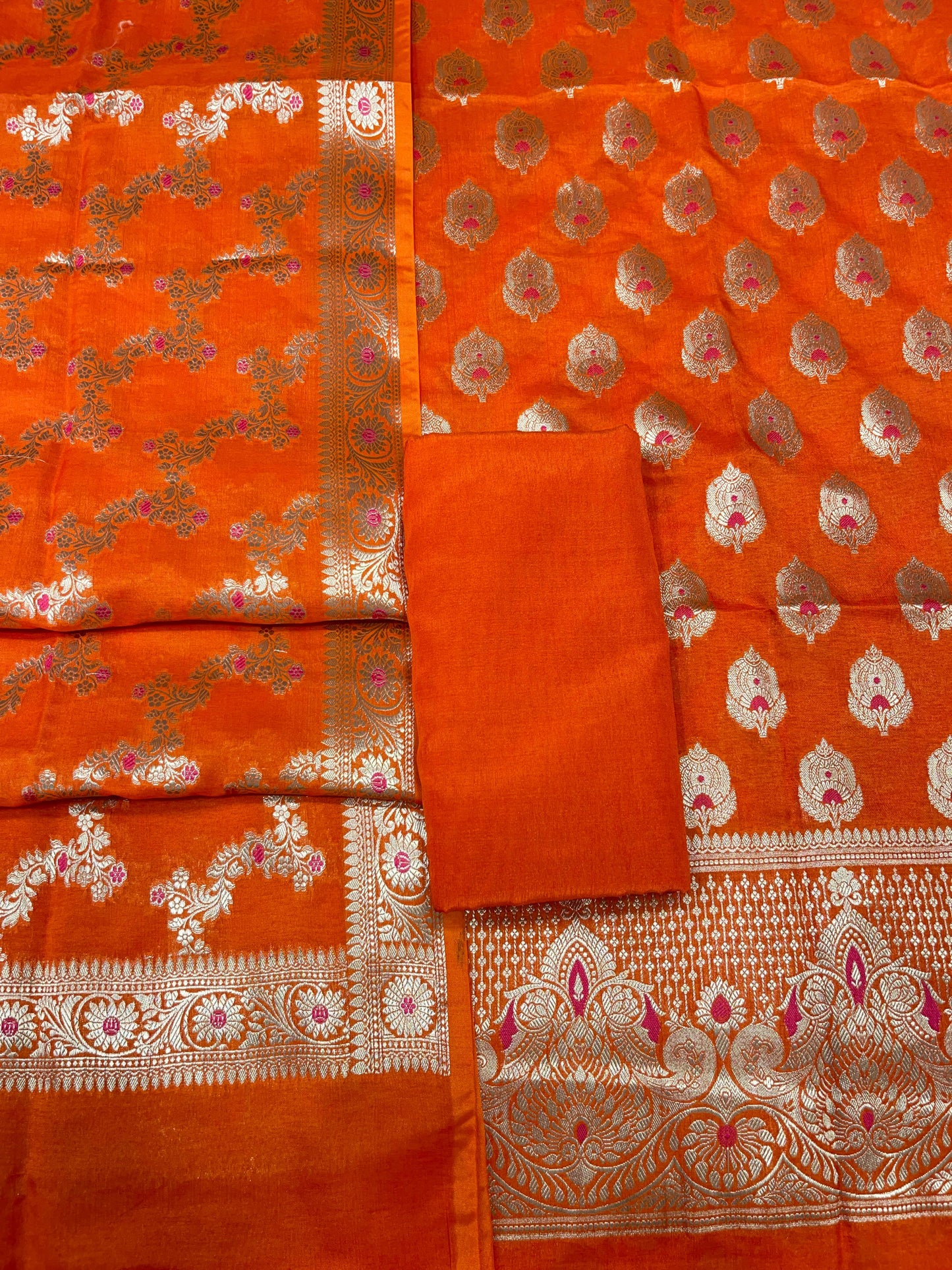Puresilk Handloom Orange Viscose Silk Banarasi 3 pcs Suit Set RHN_VS6