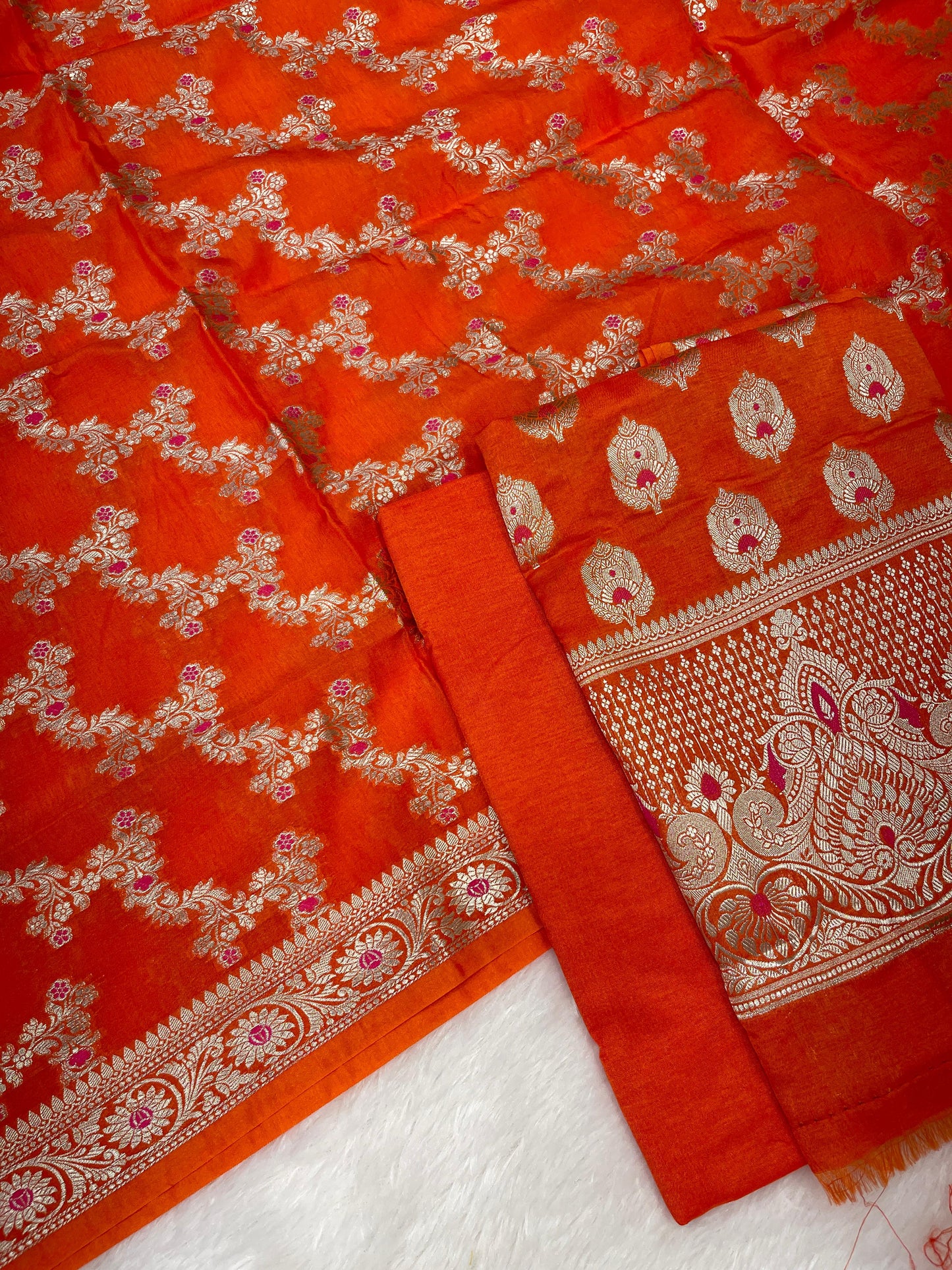 Puresilk Handloom Orange Viscose Silk Banarasi 3 pcs Suit Set RHN_VS6