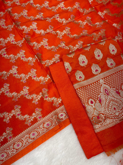 Puresilk Handloom Orange Viscose Silk Banarasi 3 pcs Suit Set RHN_VS6