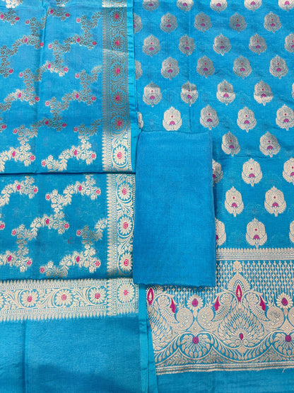 Puresilk Handloom Blue Viscose Silk Banarasi 3 pcs Suit Set RHN_VS9