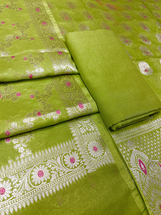 Puresilk Handloom Mehndi Green Viscose Silk Banarasi 3 pcs Suit Set RHN_VS8