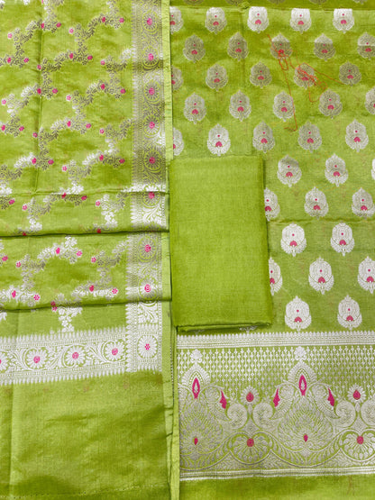 Puresilk Handloom Mehndi Green Viscose Silk Banarasi 3 pcs Suit Set RHN_VS8