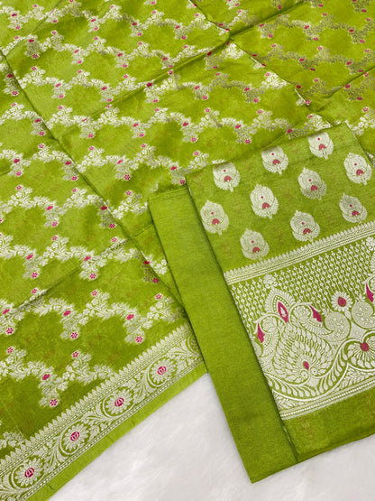 Puresilk Handloom Mehndi Green Viscose Silk Banarasi 3 pcs Suit Set RHN_VS8