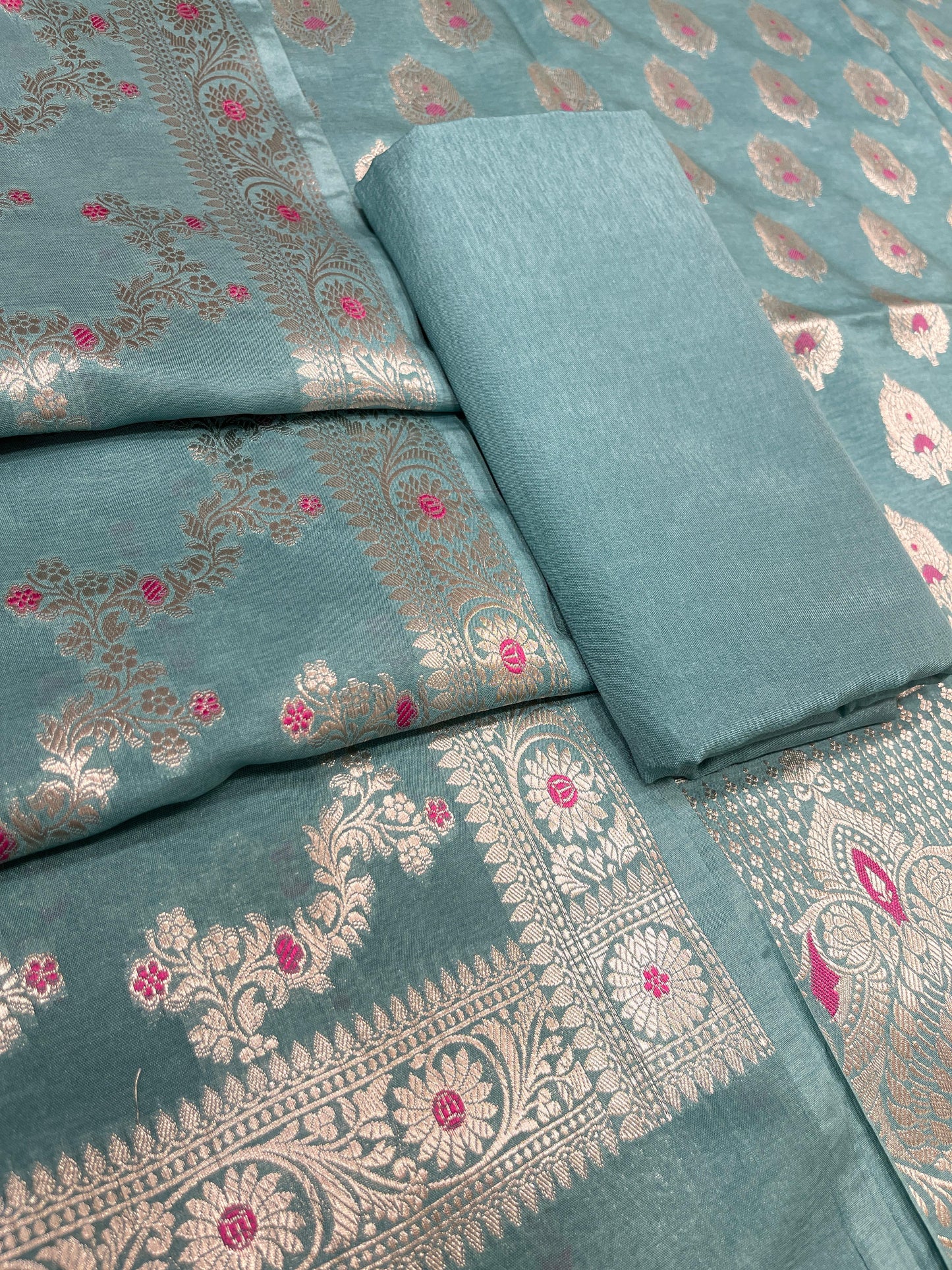 Puresilk Handloom Turquoise Blue Viscose Silk Banarasi 3 pcs Suit Set RHN_VS11