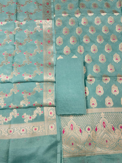 Puresilk Handloom Turquoise Blue Viscose Silk Banarasi 3 pcs Suit Set RHN_VS11