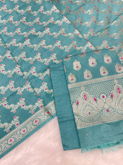 Puresilk Handloom Turquoise Blue Viscose Silk Banarasi 3 pcs Suit Set RHN_VS11