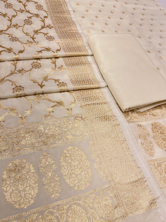 Puresilk Handloom Off White Cotton Banarasi 3 pcs Suit Set RHN_CTN12