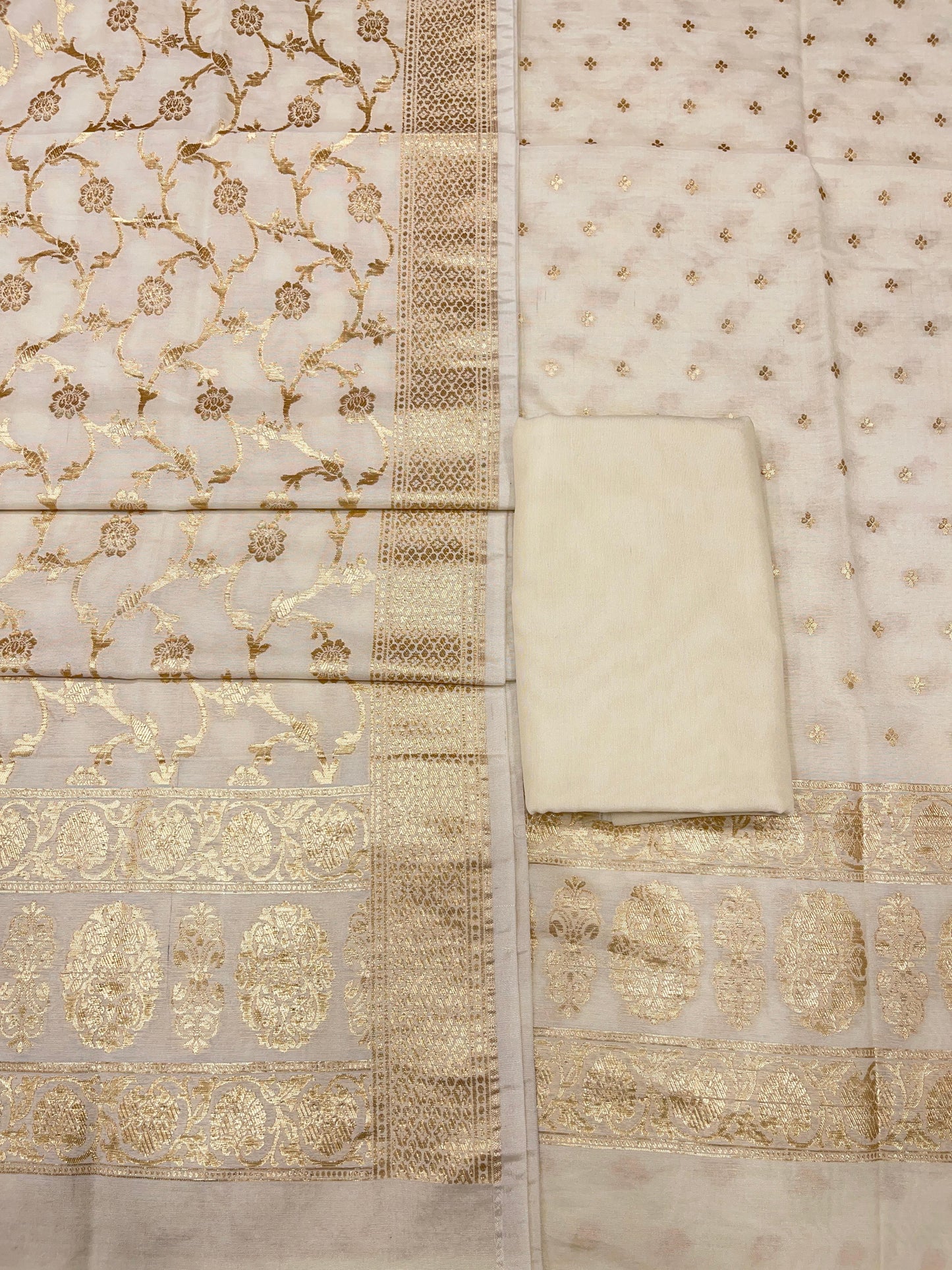 Puresilk Handloom Off White Cotton Banarasi 3 pcs Suit Set RHN_CTN12