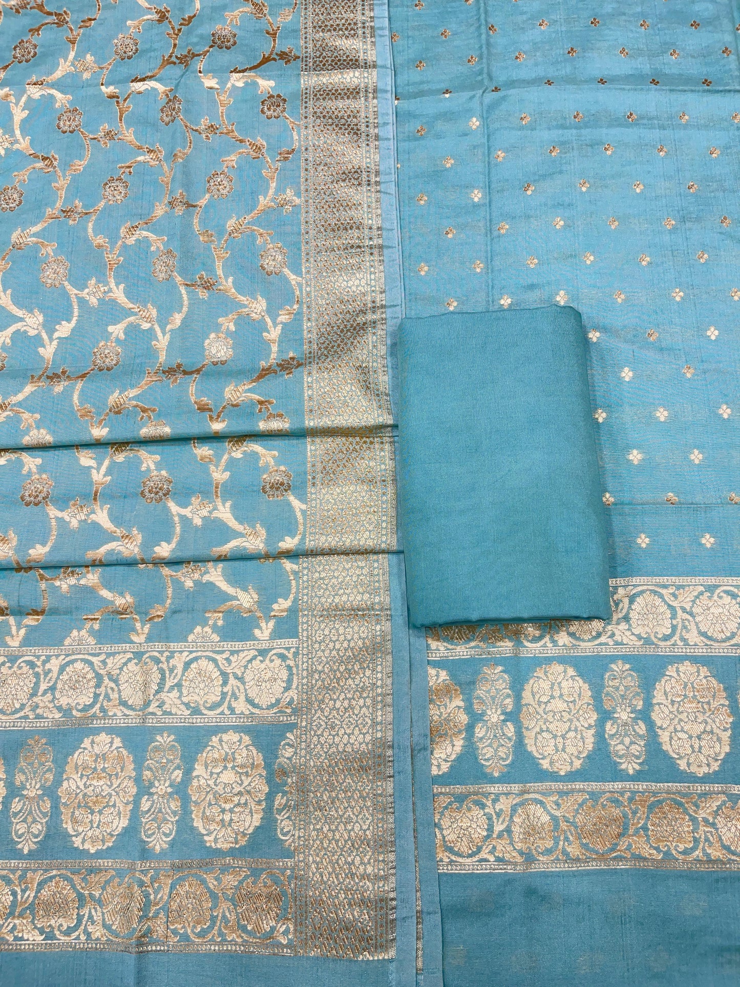 Puresilk Handloom Sea Green Cotton Banarasi 3 pcs Suit Set RHN_CTN9