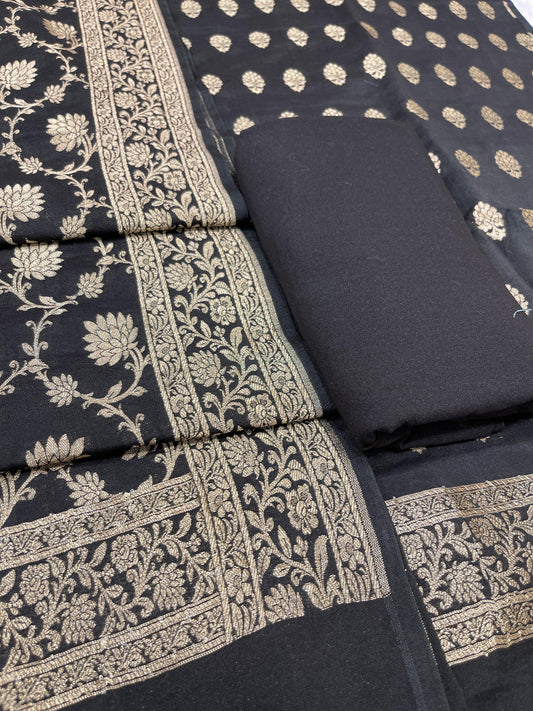 Puresilk Handloom Black Mulberry Silk Banarasi 3 pcs Suit Set RHN_MEL2