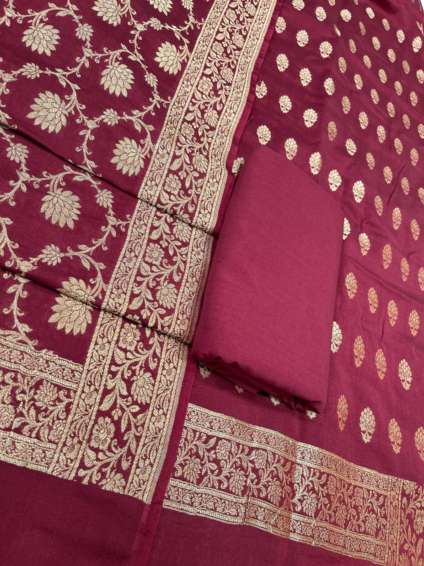 Puresilk Handloom Maroon Mulberry Silk Banarasi 3 pcs Suit Set RHN_MEL3