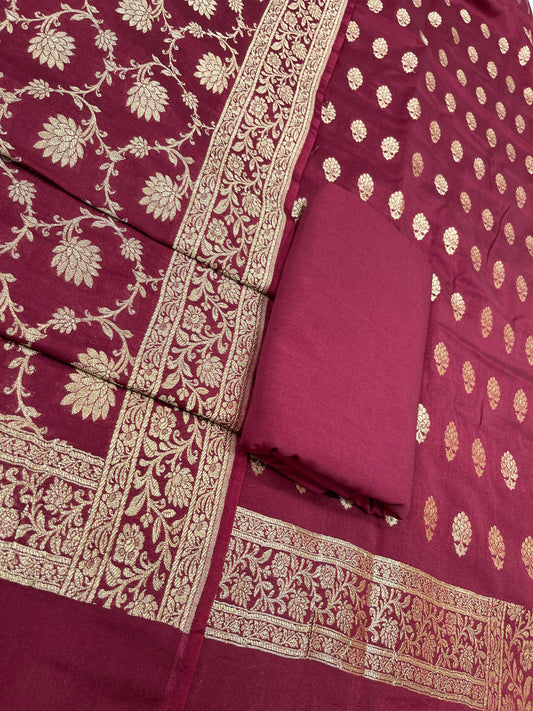 Puresilk Handloom Maroon Mulberry Silk Banarasi 3 pcs Suit Set RHN_MEL3