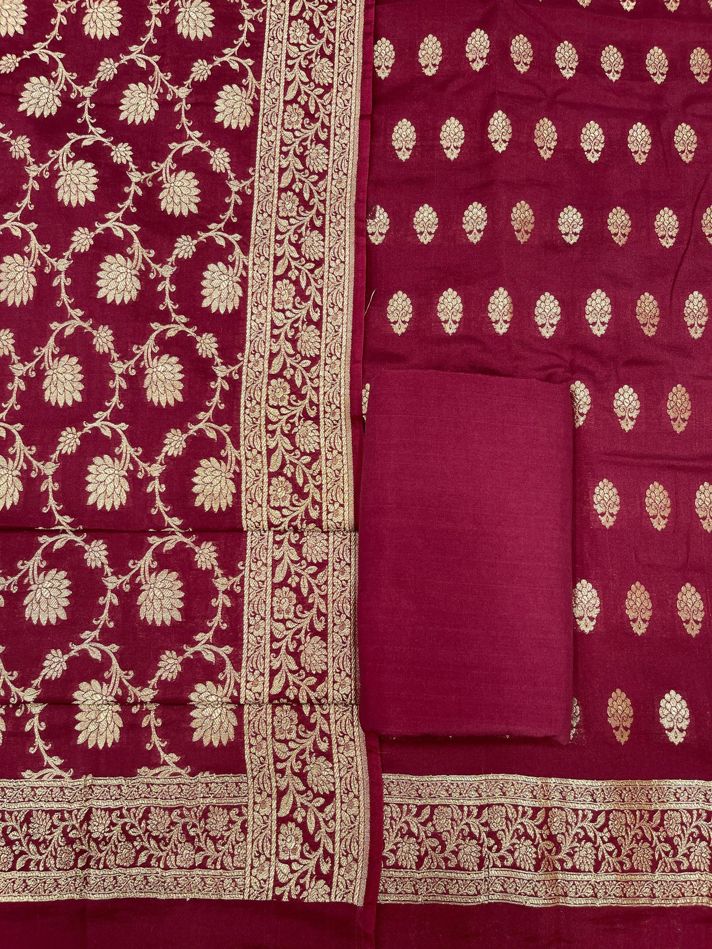 Puresilk Handloom Maroon Mulberry Silk Banarasi 3 pcs Suit Set RHN_MEL3