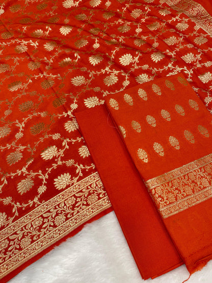Puresilk Handloom Orange Mulberry Silk Banarasi 3 pcs Suit Set RHN_MEL4