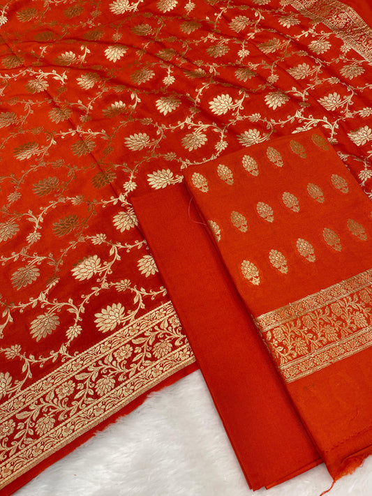 Puresilk Handloom Orange Mulberry Silk Banarasi 3 pcs Suit Set RHN_MEL4