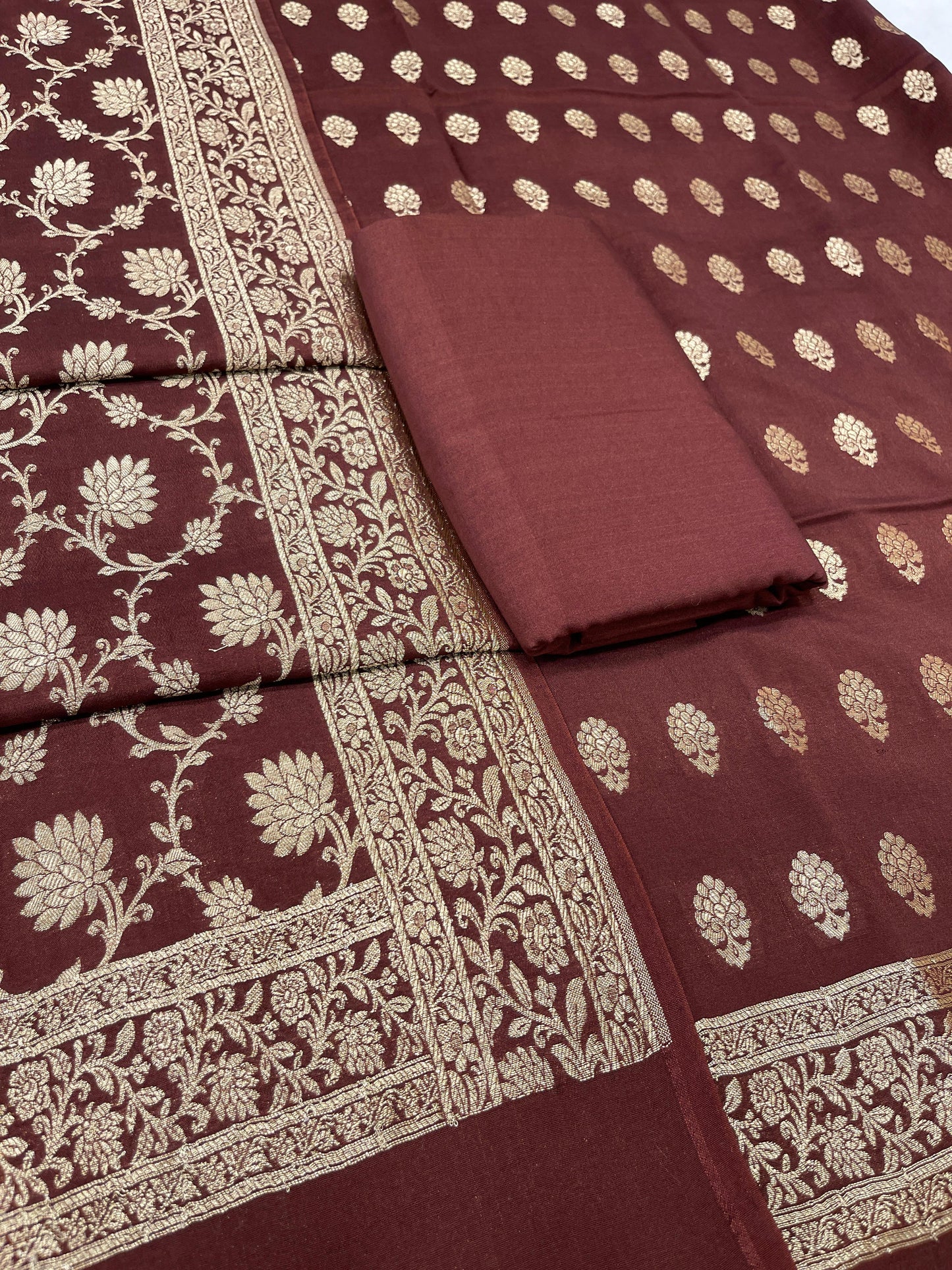 Puresilk Handloom Brown Mulberry Silk Banarasi 3 pcs Suit Set RHN_MEL5
