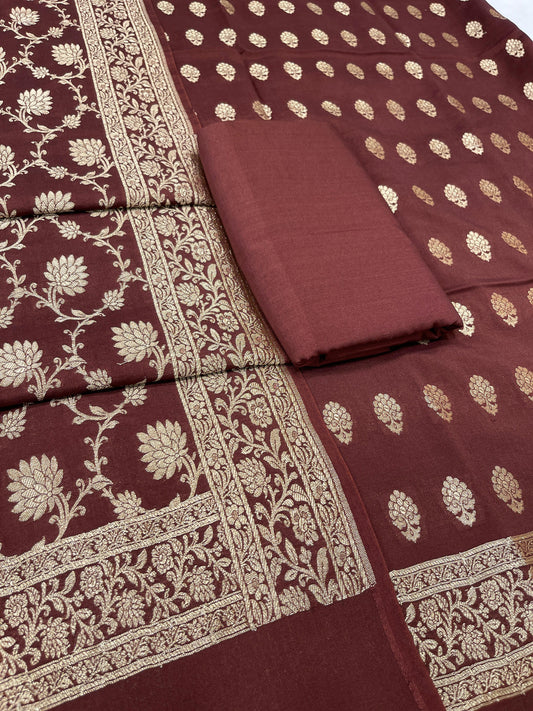 Puresilk Handloom Brown Mulberry Silk Banarasi 3 pcs Suit Set RHN_MEL5
